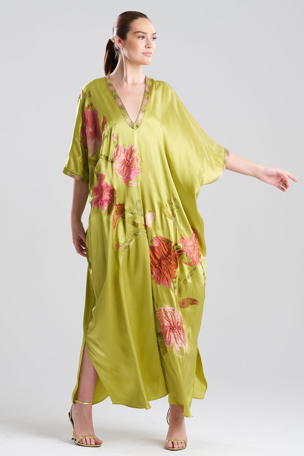 Natori Couture Brushstroke Embellished Cocoon Silk Caftan Lemon Lime