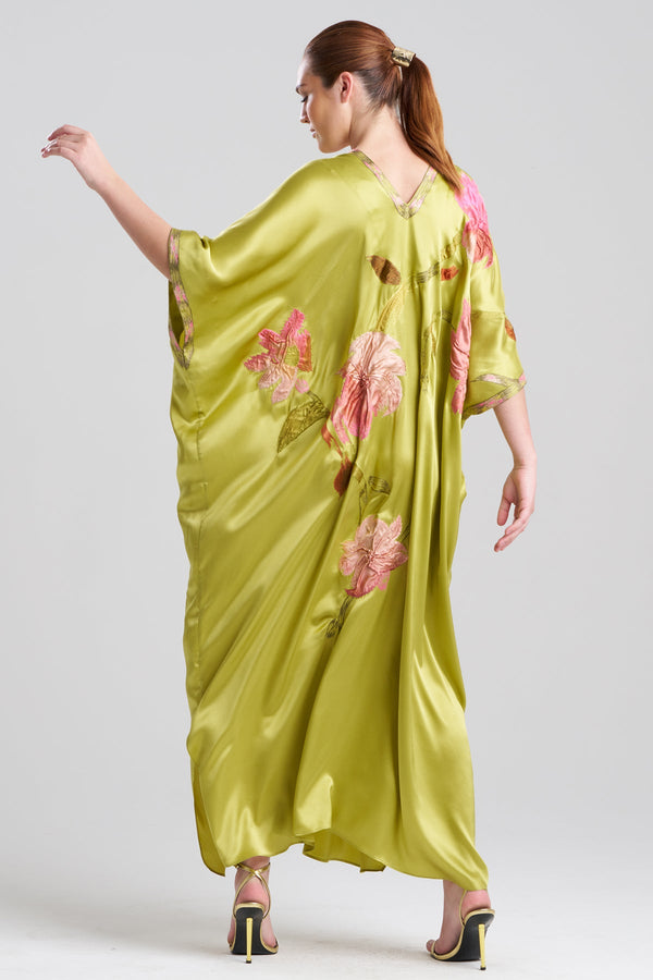 Natori Couture Brushstroke Embellished Cocoon Silk Caftan Lemon Lime