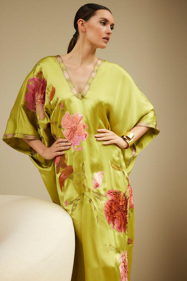 Natori Couture Brushstroke Embellished Cocoon Silk Caftan Lemon Lime