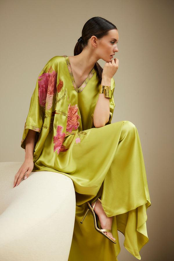natori Couture Brushstroke Embellished Cocoon Silk Caftan Lemon Lime