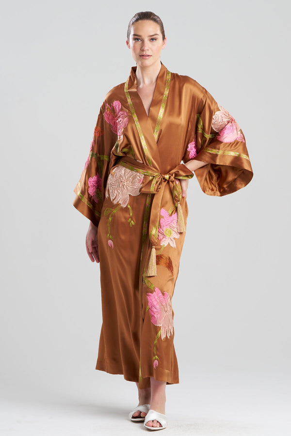 Natori Couture Brushstroke Embroidered Silk Robe Gold Rush