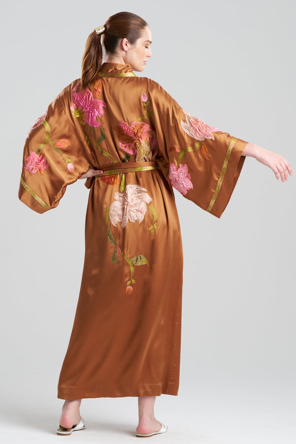 Natori Couture Brushstroke Embroidered Silk Robe Gold Rush