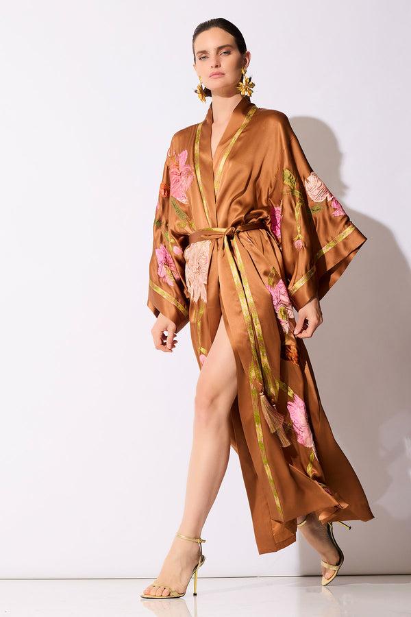 Natori Couture Brushstroke Embroidered Silk Robe Gold Rush