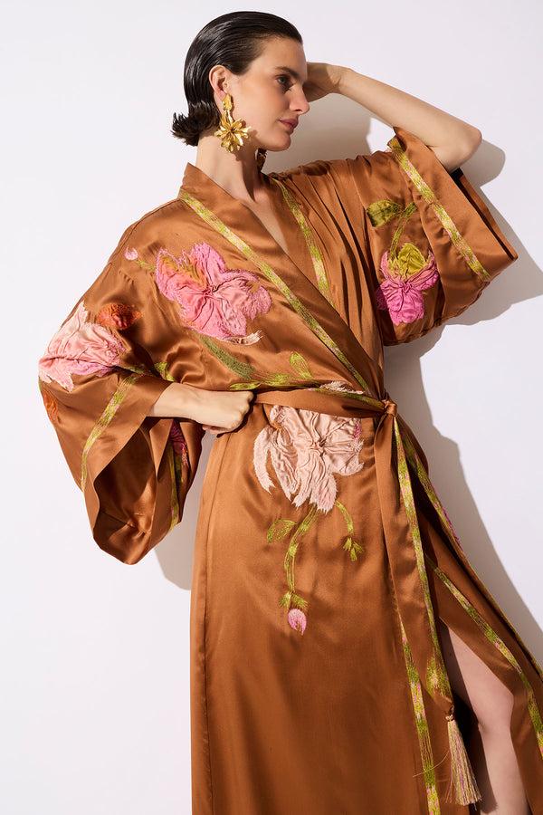 natori Couture Brushstroke Embroidered Silk Robe Gold Rush