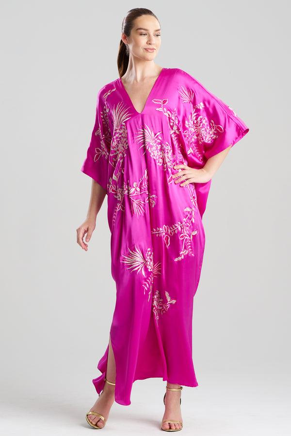 Natori Couture Chrysanthemum Embroidered Cocoon Silk Caftan Hot Pink