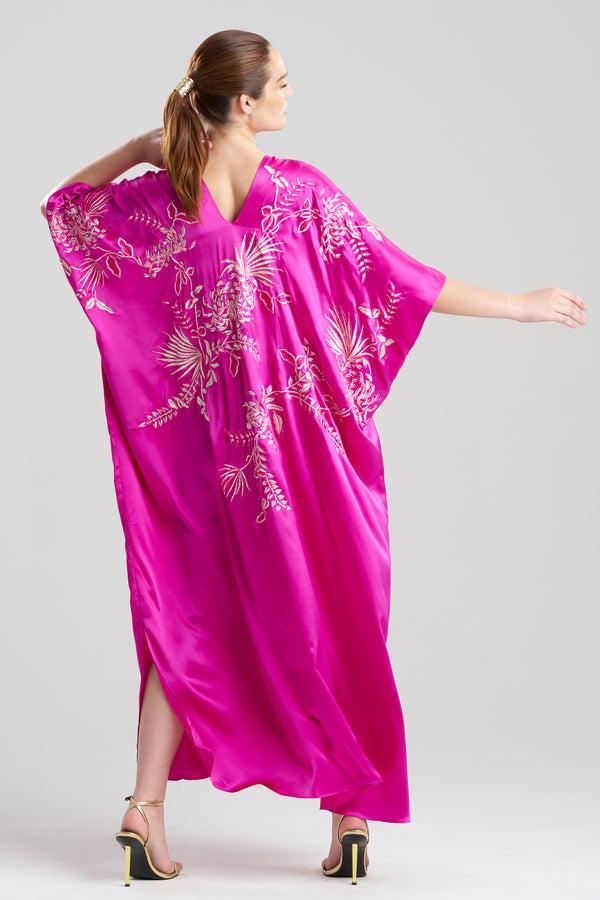 Natori Couture Chrysanthemum Embroidered Cocoon Silk Caftan Hot Pink