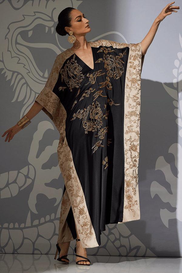Natori Couture Dragon Embroidered Cocoon Silk Caftan Black