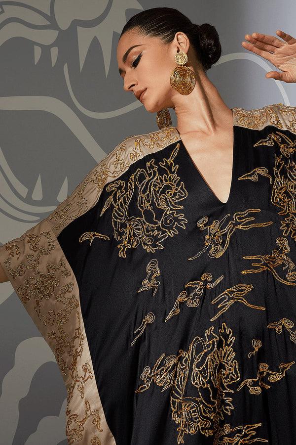 Natori Couture Dragon Embroidered Cocoon Silk Caftan Black