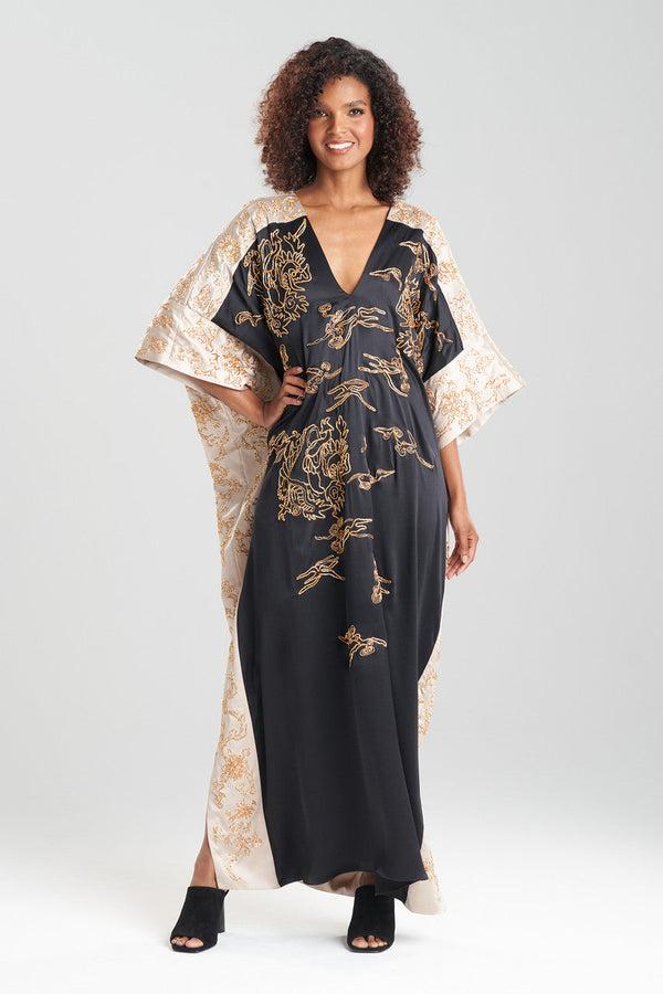 natori Couture Dragon Embroidered Cocoon Silk Caftan Black