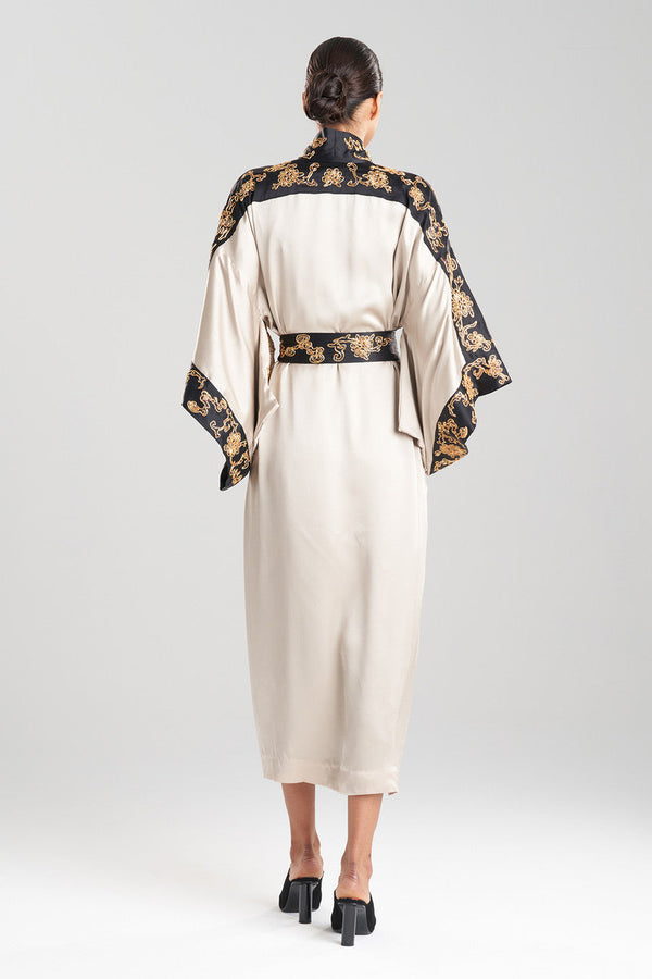 Natori Couture Dragon Embroidered Drop Sleeve Silk Robe Parchment