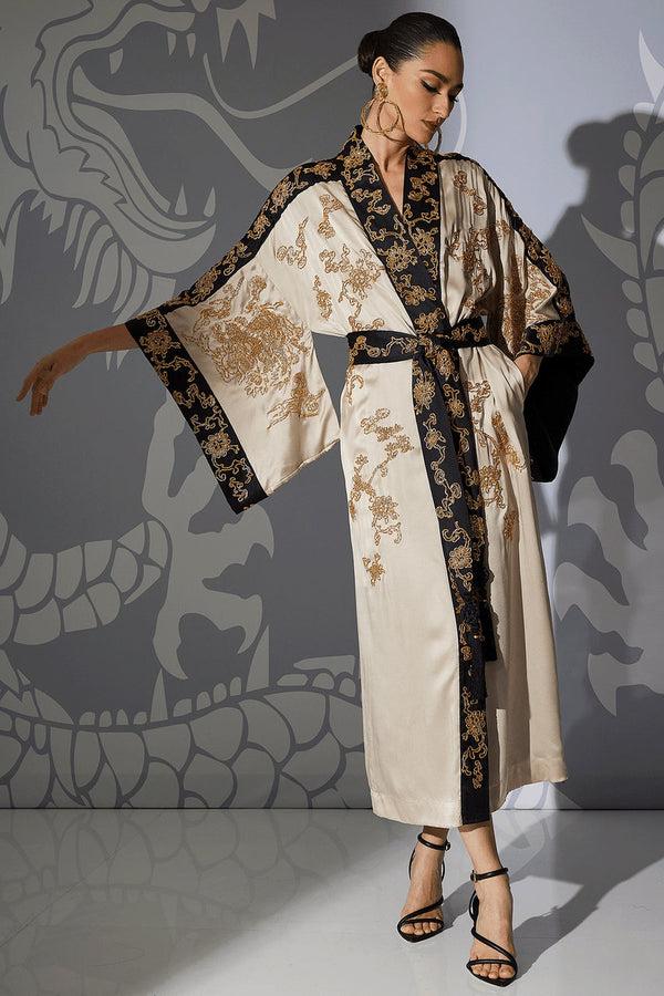 Natori Couture Dragon Embroidered Drop Sleeve Silk Robe Parchment