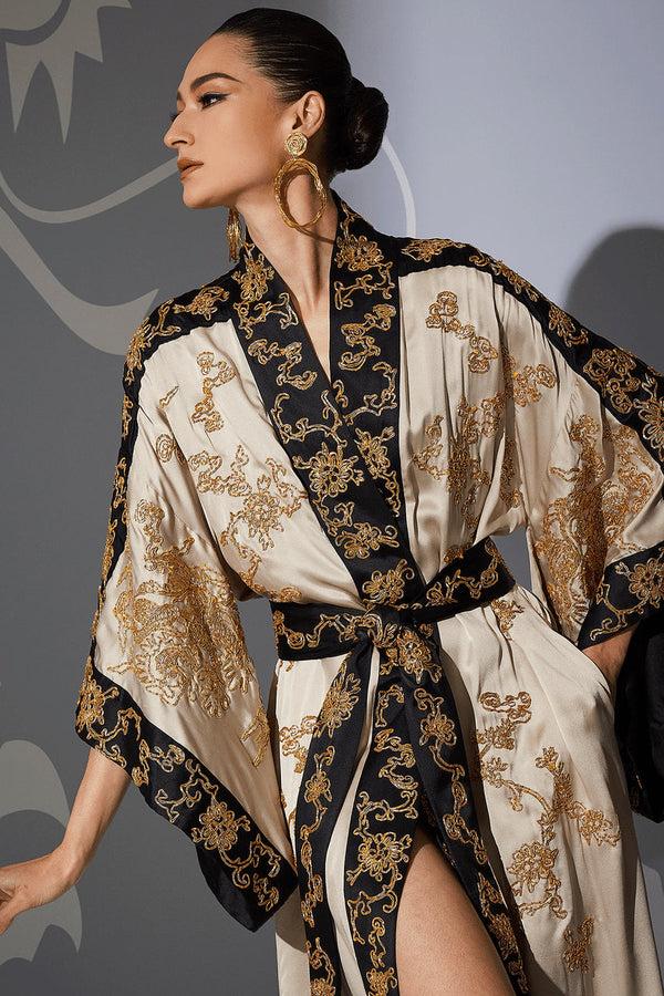 Natori Couture Dragon Embroidered Drop Sleeve Silk Robe Parchment