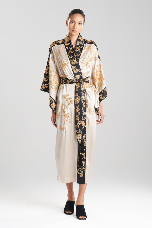 natori Couture Dragon Embroidered Drop Sleeve Silk Robe Parchment