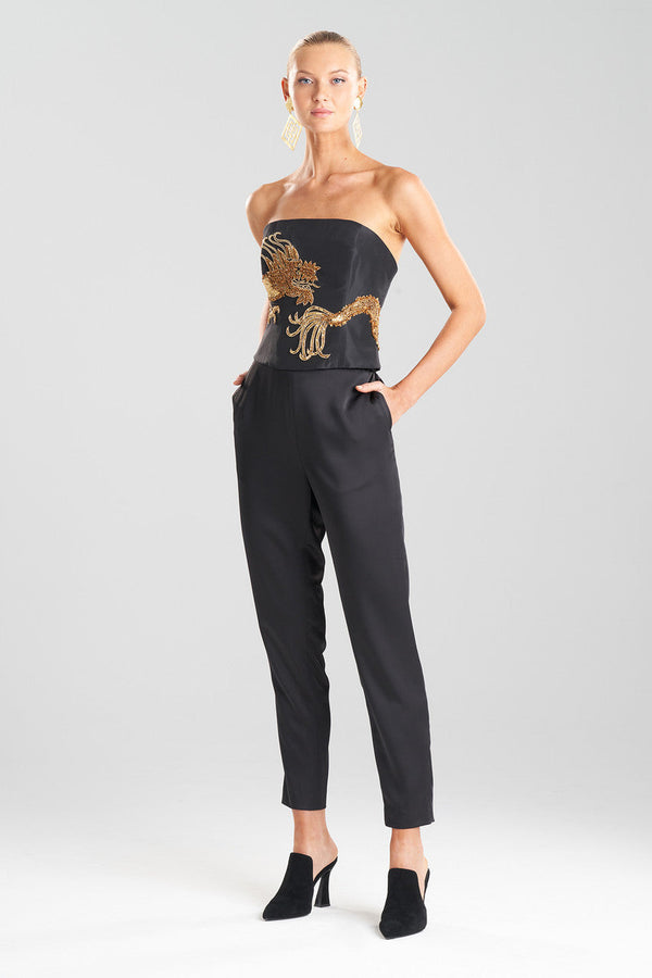 natori Couture Dragon Embroidered Silk Bustier Black