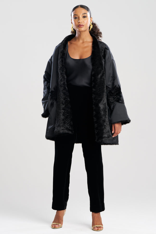 Natori Couture Duchess Satin Embroidered Fur Coat Black