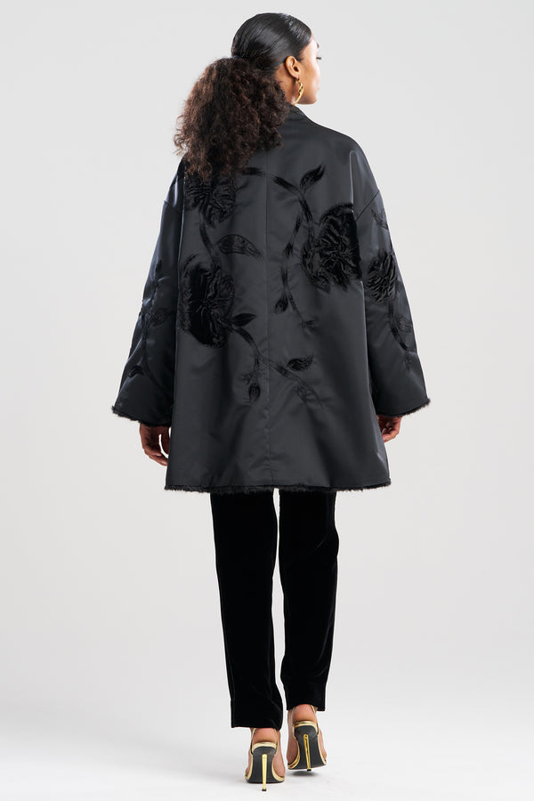 Natori Couture Duchess Satin Embroidered Fur Coat Black