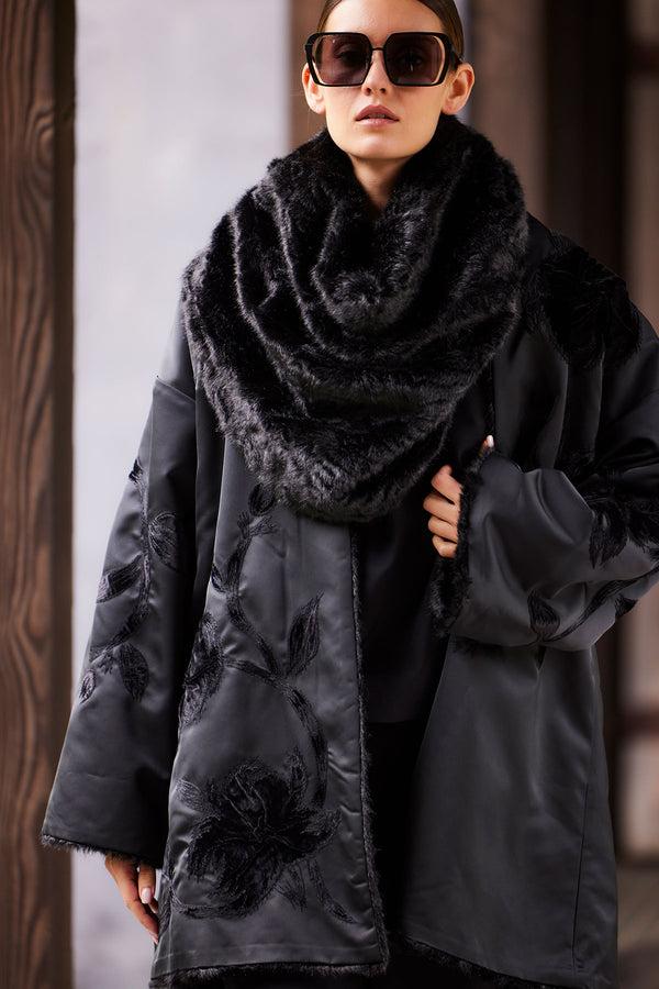 Natori Couture Duchess Satin Embroidered Fur Coat Black