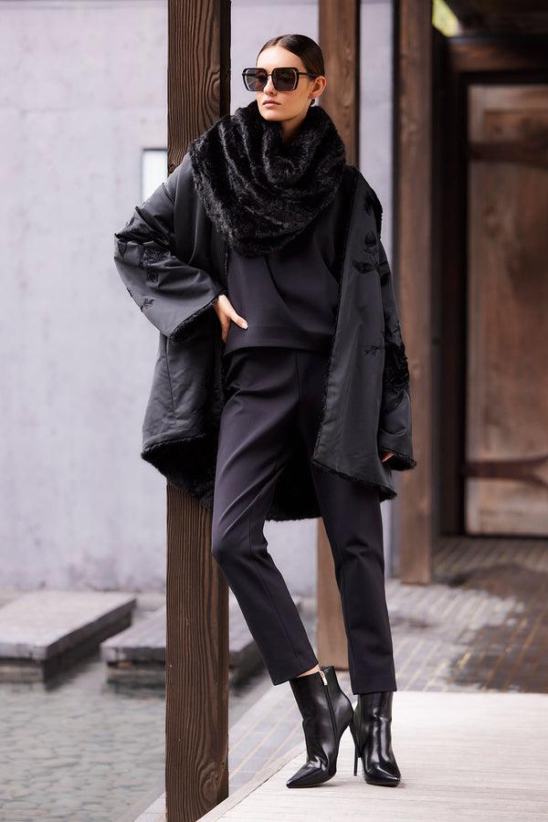 natori Couture Duchess Satin Embroidered Fur Coat Black