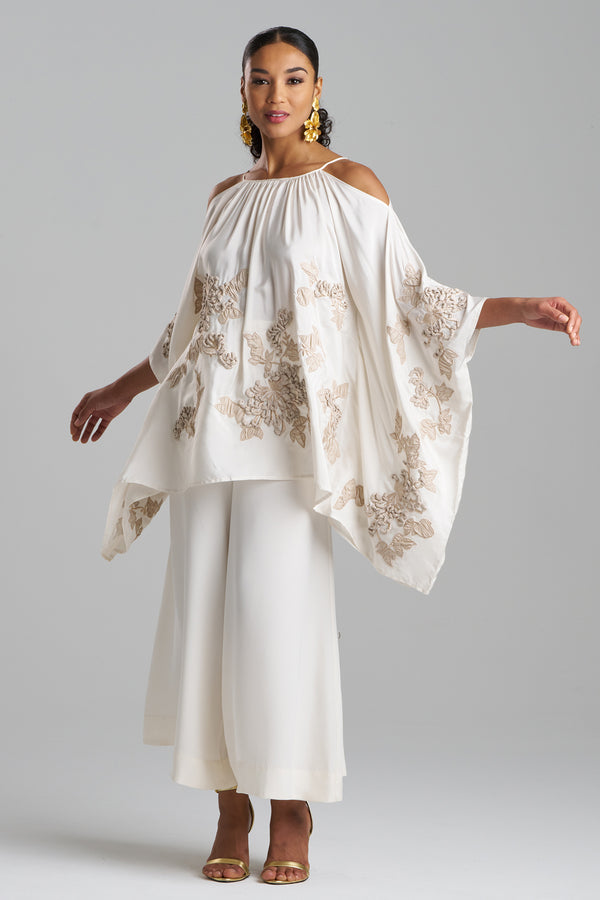 Natori Couture Habotai Embellished Cold Shoulder Silk Top White