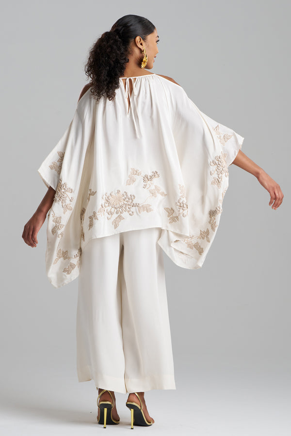 Natori Couture Habotai Embellished Cold Shoulder Silk Top White