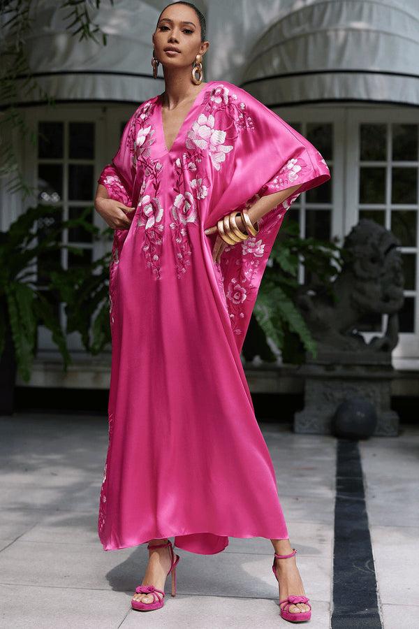 Natori Couture Hanabi Embroidered Silk Caftan Pink Sapphire
