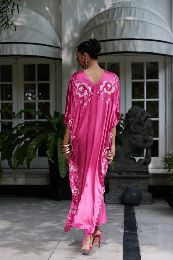 Natori Couture Hanabi Embroidered Silk Caftan Pink Sapphire
