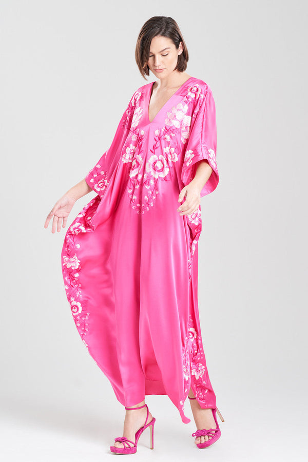 natori Couture Hanabi Embroidered Silk Caftan Pink Sapphire