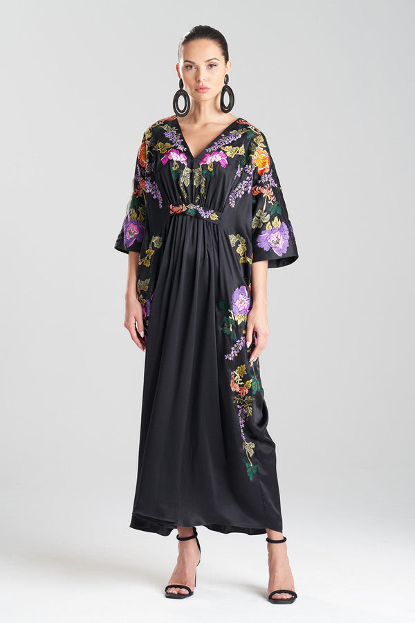 natori Couture Kairaku Garden Embroidered Silk Caftan Black