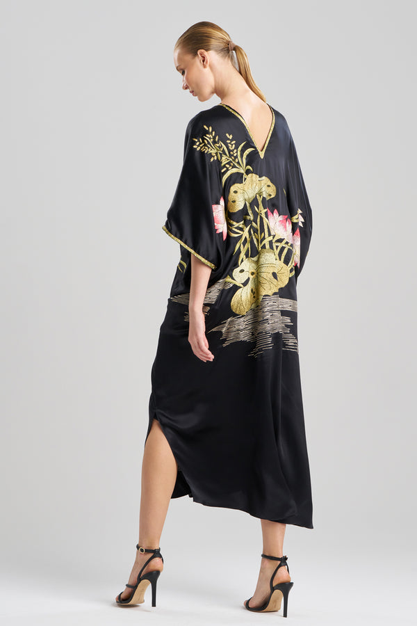 Natori Couture Lotus Embroidered Cocoon Silk Caftan Black