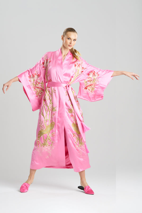 Natori Couture Lotus Embroidered Silk Robe Ice Pink