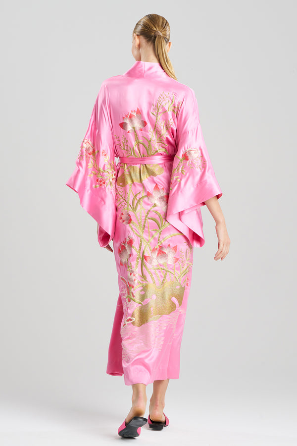 Natori Couture Lotus Embroidered Silk Robe Ice Pink