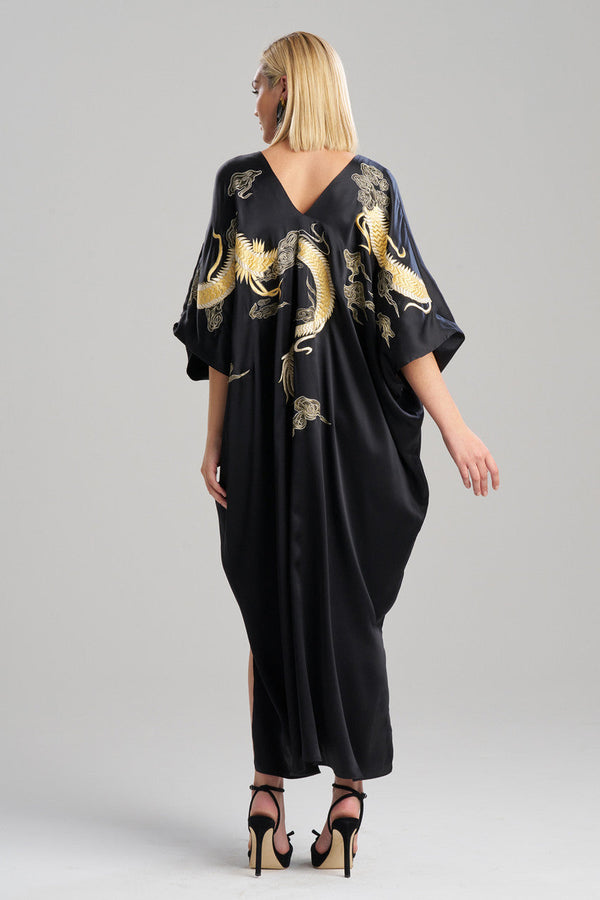 Natori Couture Lucky Dragon Embroidered Cocoon Silk Caftan Black