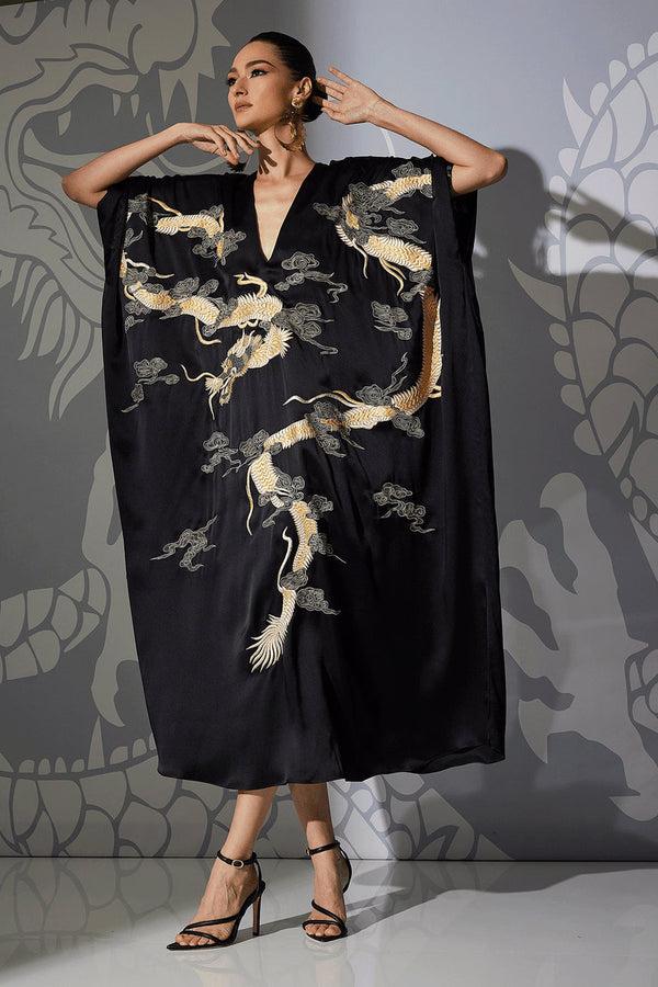 Natori Couture Lucky Dragon Embroidered Cocoon Silk Caftan Black
