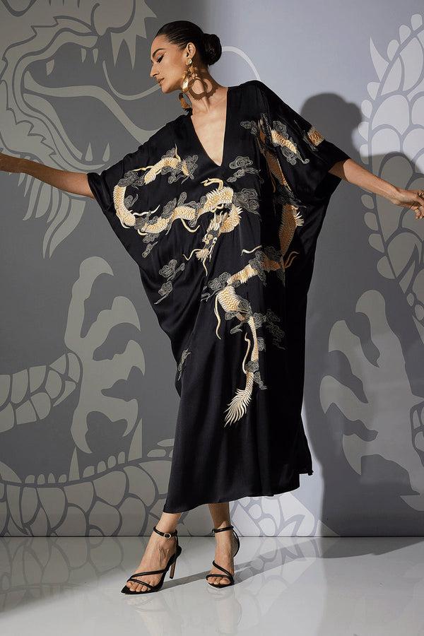 Natori Couture Lucky Dragon Embroidered Cocoon Silk Caftan Black