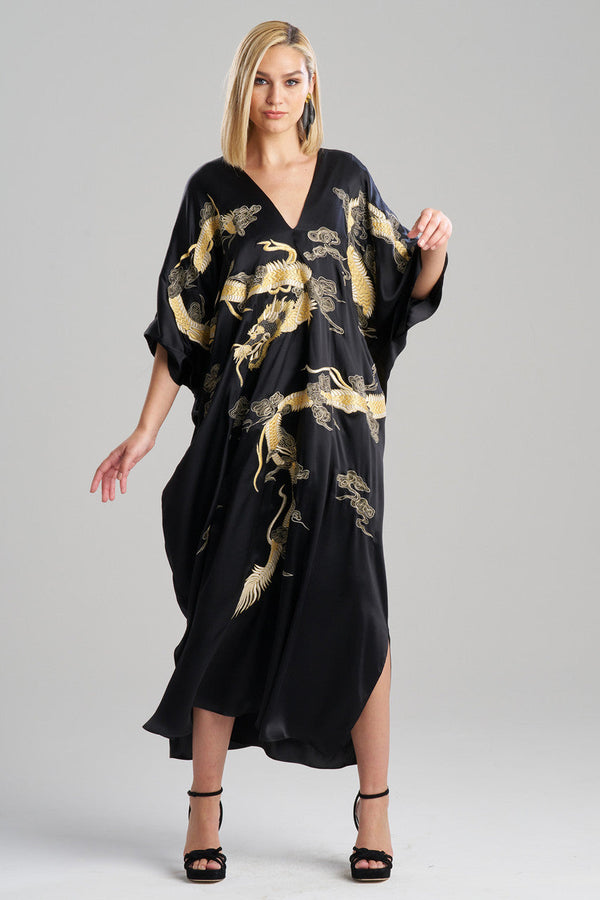 natori Couture Lucky Dragon Embroidered Cocoon Silk Caftan Black