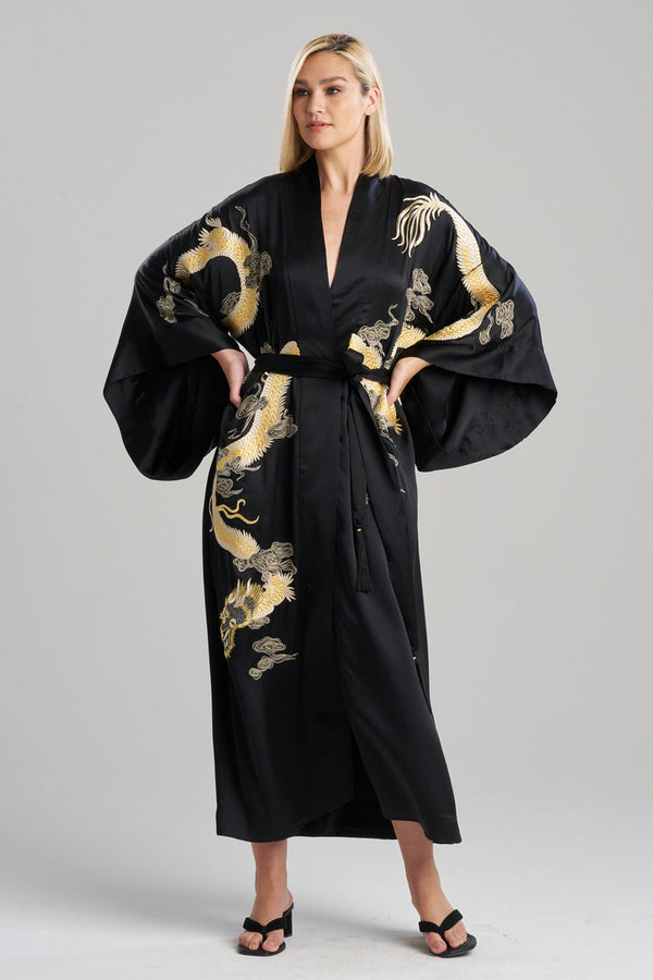 Natori Couture Lucky Dragon Embroidered Silk Robe Black