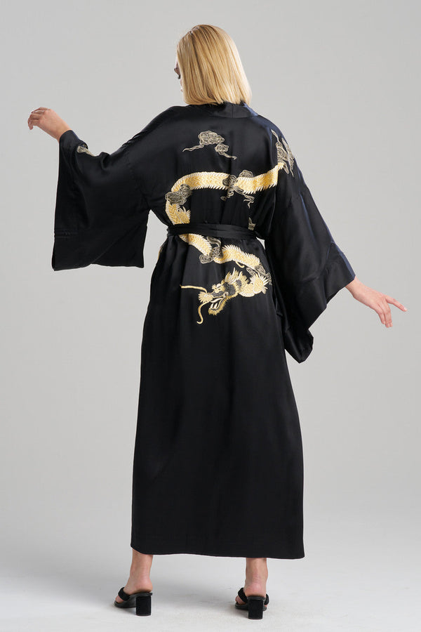 Natori Couture Lucky Dragon Embroidered Silk Robe Black