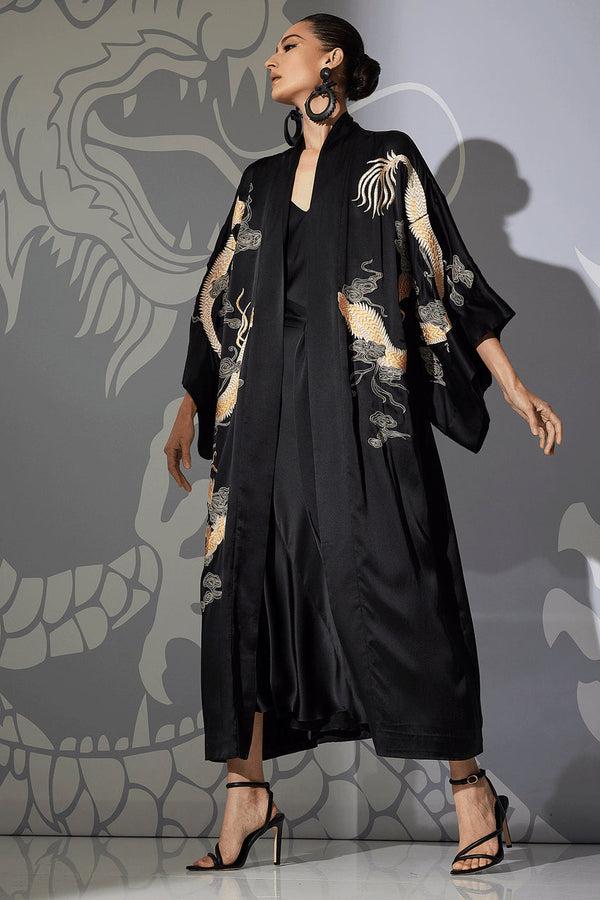 Natori Couture Lucky Dragon Embroidered Silk Robe Black