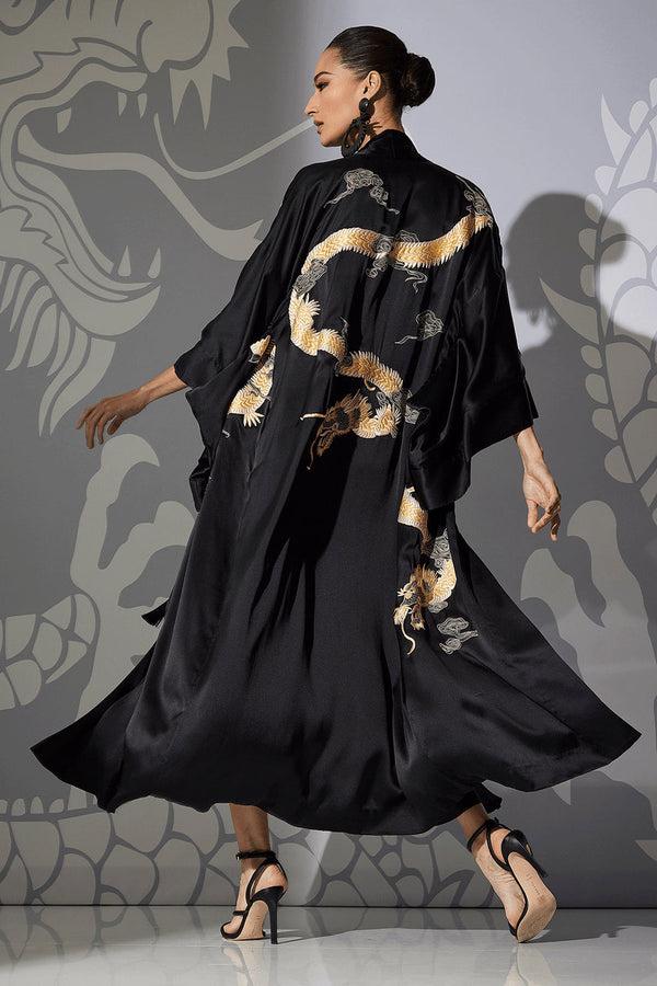 natori Couture Lucky Dragon Embroidered Silk Robe Black