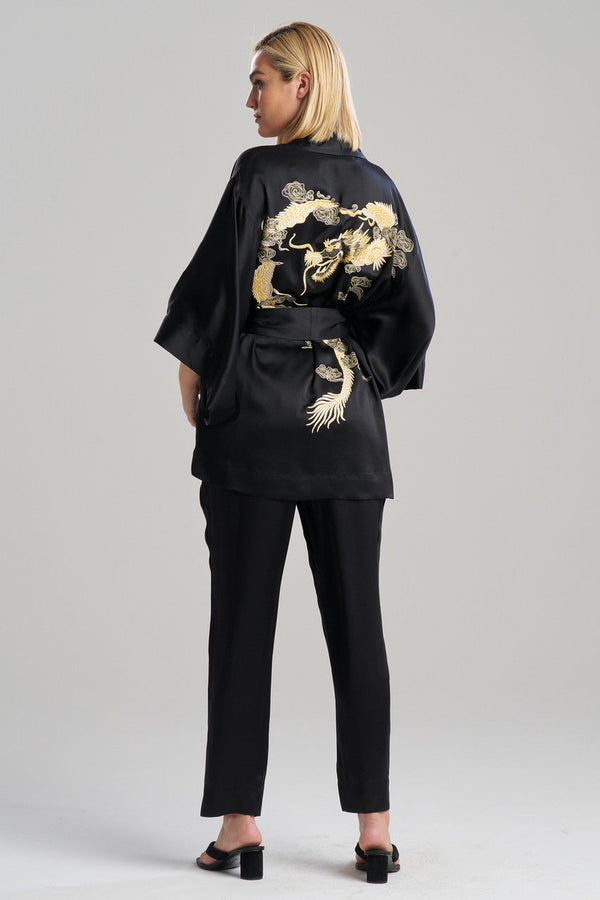 Natori Couture Lucky Dragon Embroidered Silk Wrap Black