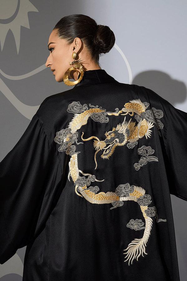Natori Couture Lucky Dragon Embroidered Silk Wrap Black