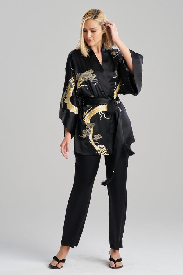 natori Couture Lucky Dragon Embroidered Silk Wrap Black
