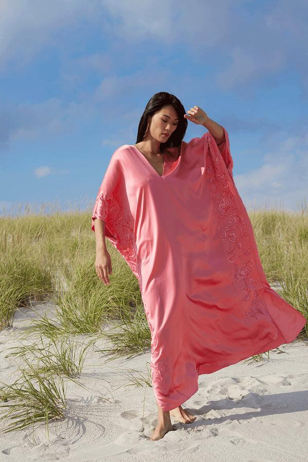 Natori Couture Malaga Embroidered Silk Caftan Parfait