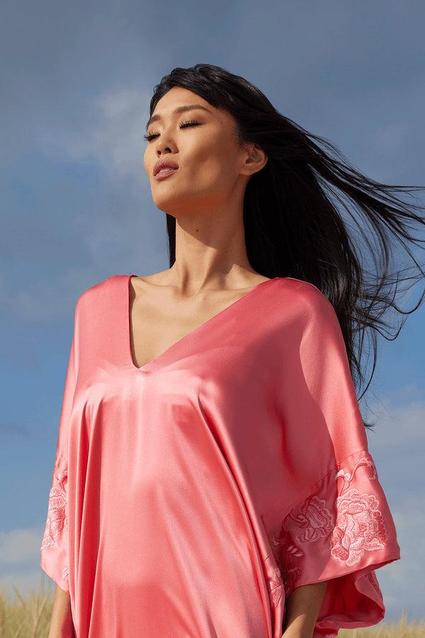 Natori Couture Malaga Embroidered Silk Caftan Parfait