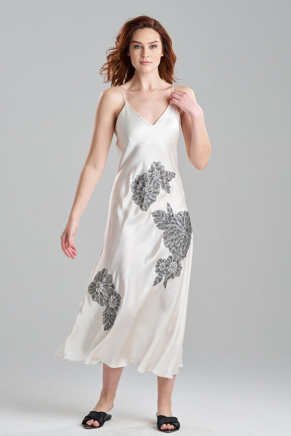 Natori Couture Miyoshi Embroidered Silk Slip Dress Warm White