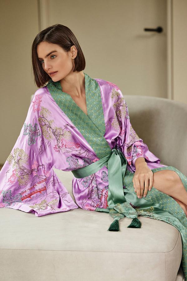 natori Couture Nara Embellished Drop Sleeve Silk Robe Lilac Rose