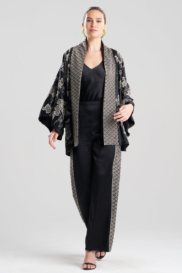 Natori Couture Nara Embroidered Silk Kimono Wrap Black/White