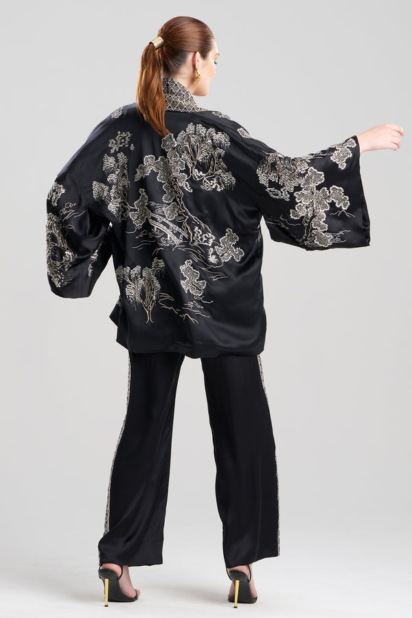 Natori Couture Nara Embroidered Silk Kimono Wrap Black/White