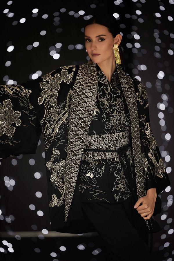 Natori Couture Nara Embroidered Silk Kimono Wrap Black/White