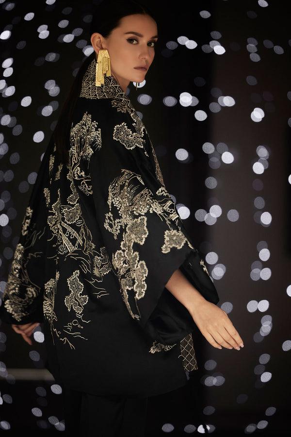 natori Couture Nara Embroidered Silk Kimono Wrap Black/White